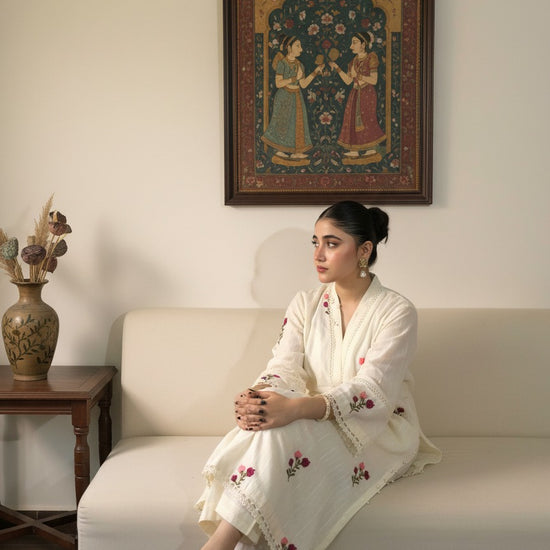 White Rose Garden Lawn Set - Embroidered White Floral Suit - GULZAHR