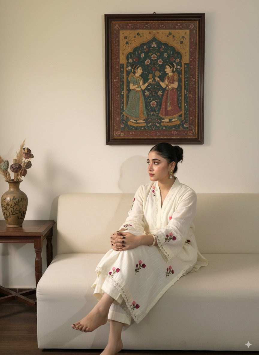 White Rose Garden Lawn Set - Embroidered White Floral Suit - GULZAHR
