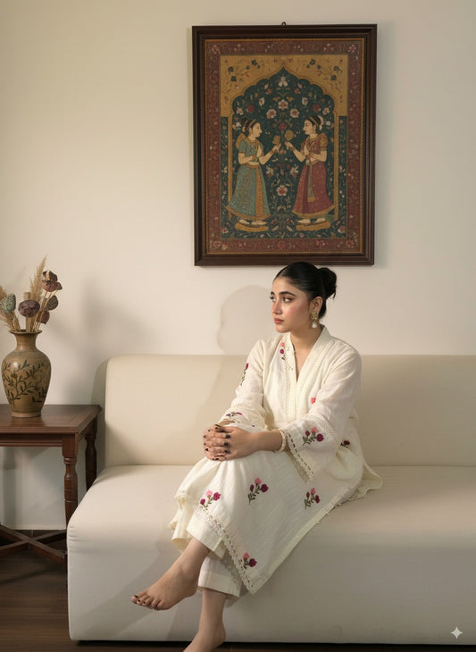 White Rose Garden Lawn Set - Embroidered White Floral Suit - GULZAHR