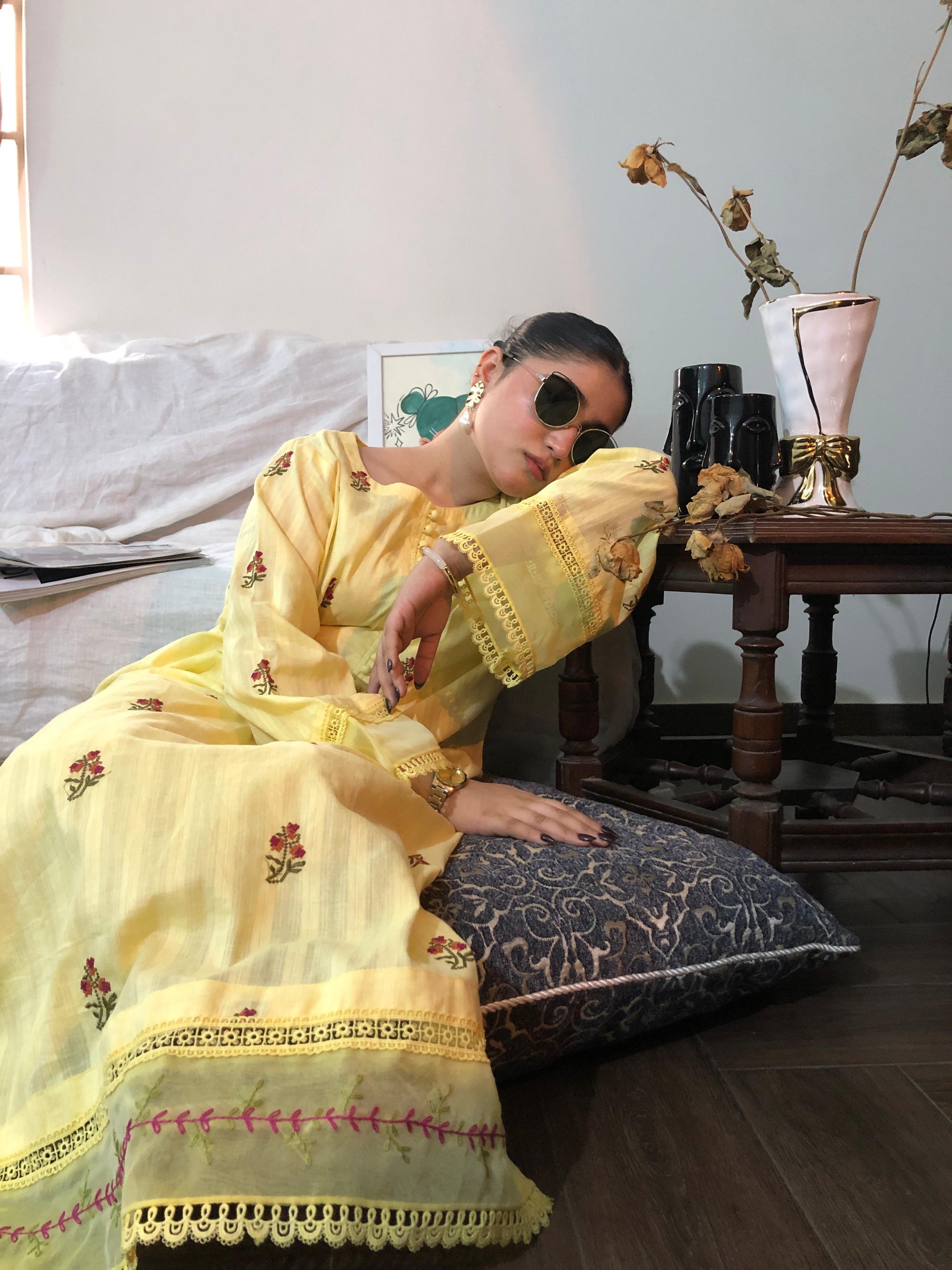 Embroidered Yellow Floral Suit - GULZAHR